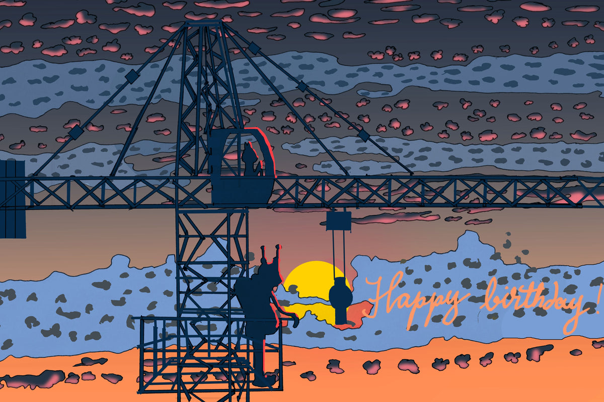 Greeting card Crane in the sunset happy birthday